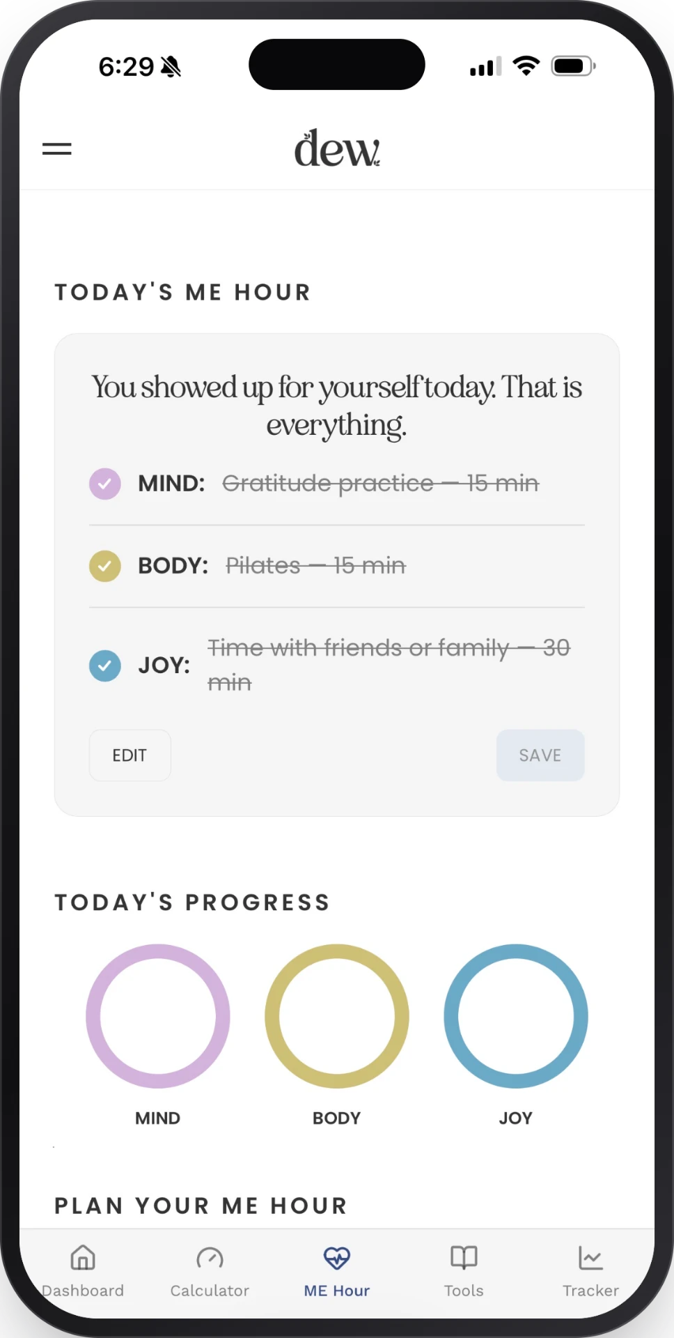 DEW ME Hour plan for mind, body, and joy on a phone